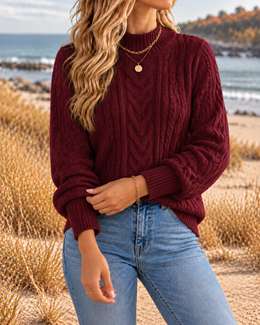 Women's Cozy Burgundy Cable Knit Pullover Sweater