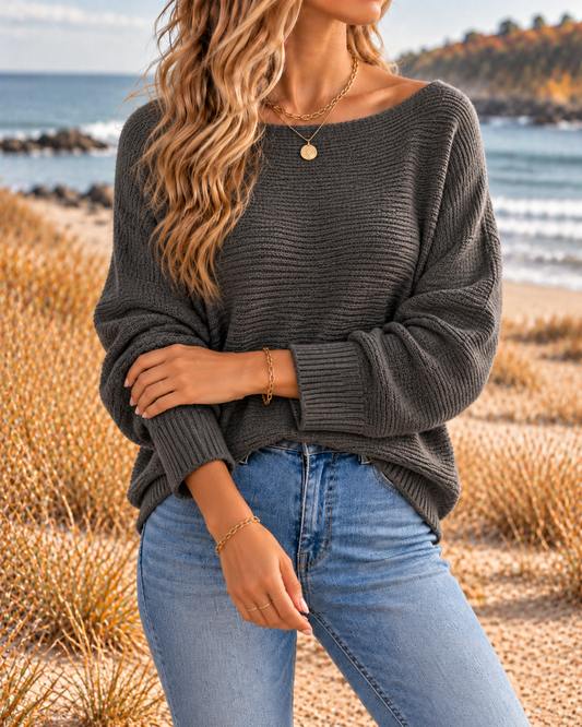 Women's Charcoal Gray Relaxed Fit Boat Neck Sweater