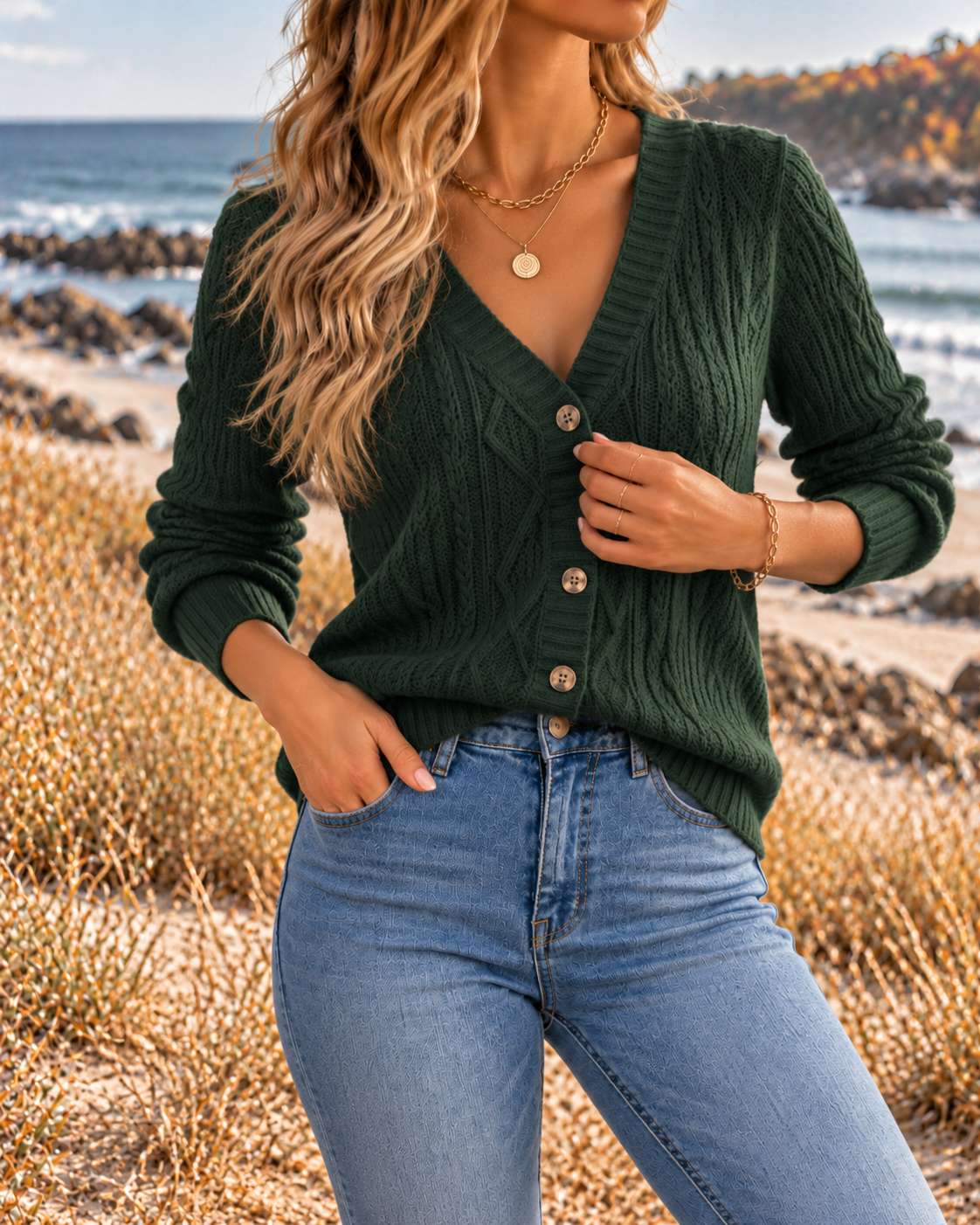 Women's Elegant Green V-Neck Textured Knit Sweater